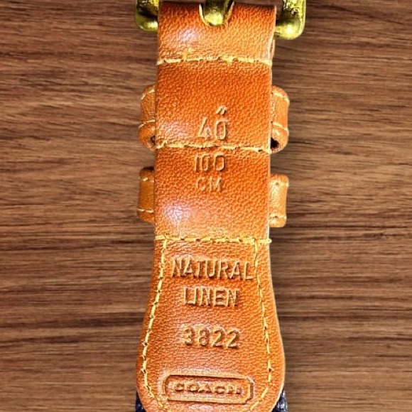 Vintage COACH Preppy Tab Belt Size 40 Natural Linen Navy Leather Brass 3822 - Picture 6 of 6